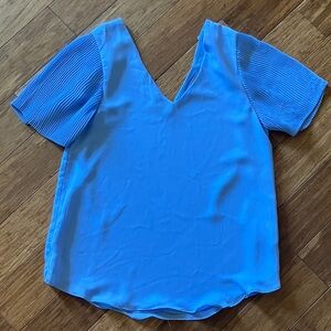 Blue V-Neck Pleated Sleeve Top